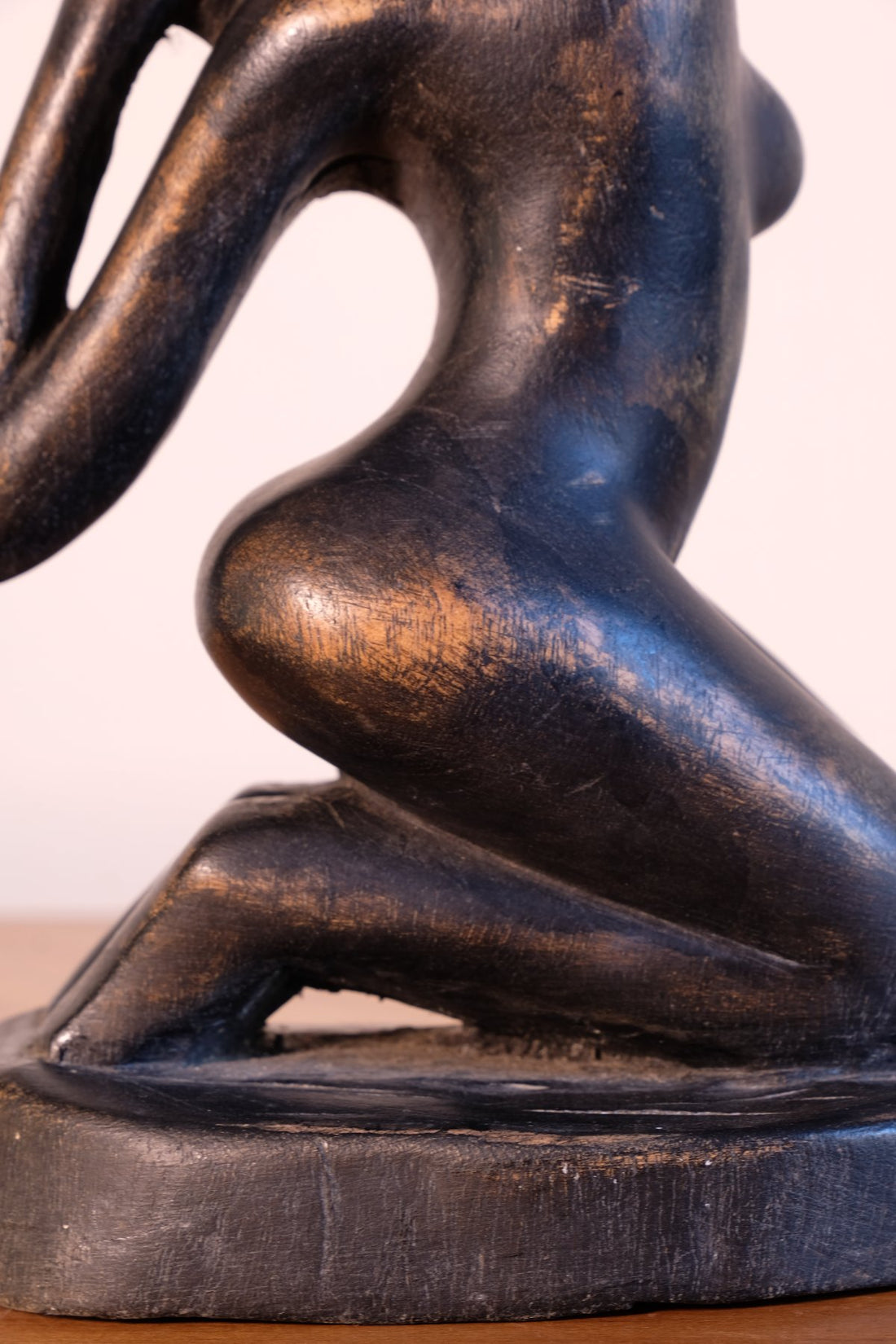 Mid century modernist carved wooden kneeling female nude sculpture with ebonised finish