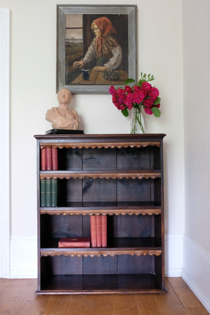 Edwardian Carved Bookcase With Leather Dust Cover Fringes