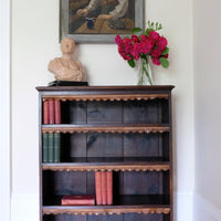 Edwardian Carved Bookcase With Leather Dust Cover Fringes