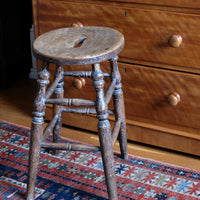 Antique Victorian Elm Stool With Oval Top And Turned Legs Circa 1860