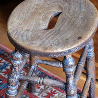 Top of Antique Victorian Elm Stool With Oval Top And Turned Legs Circa 1860