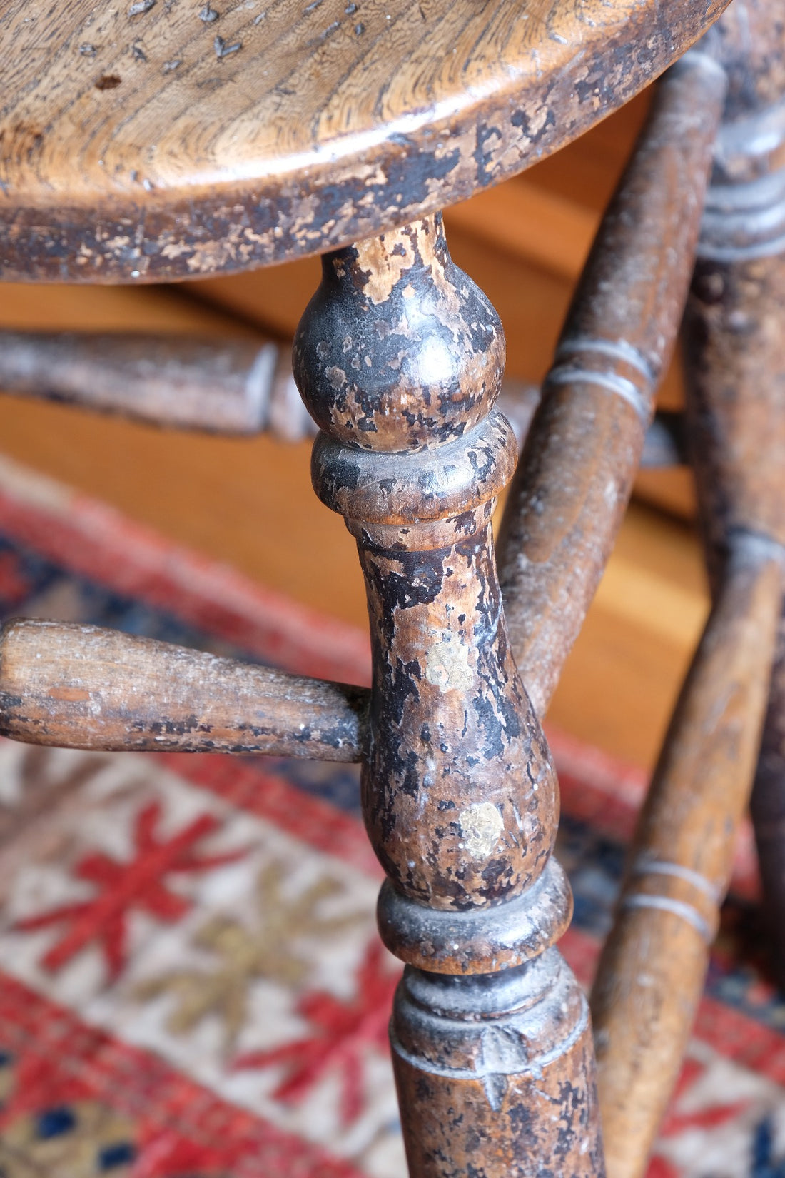 Antique Victorian Elm Stool With Oval Top And Turned Legs Circa 1860