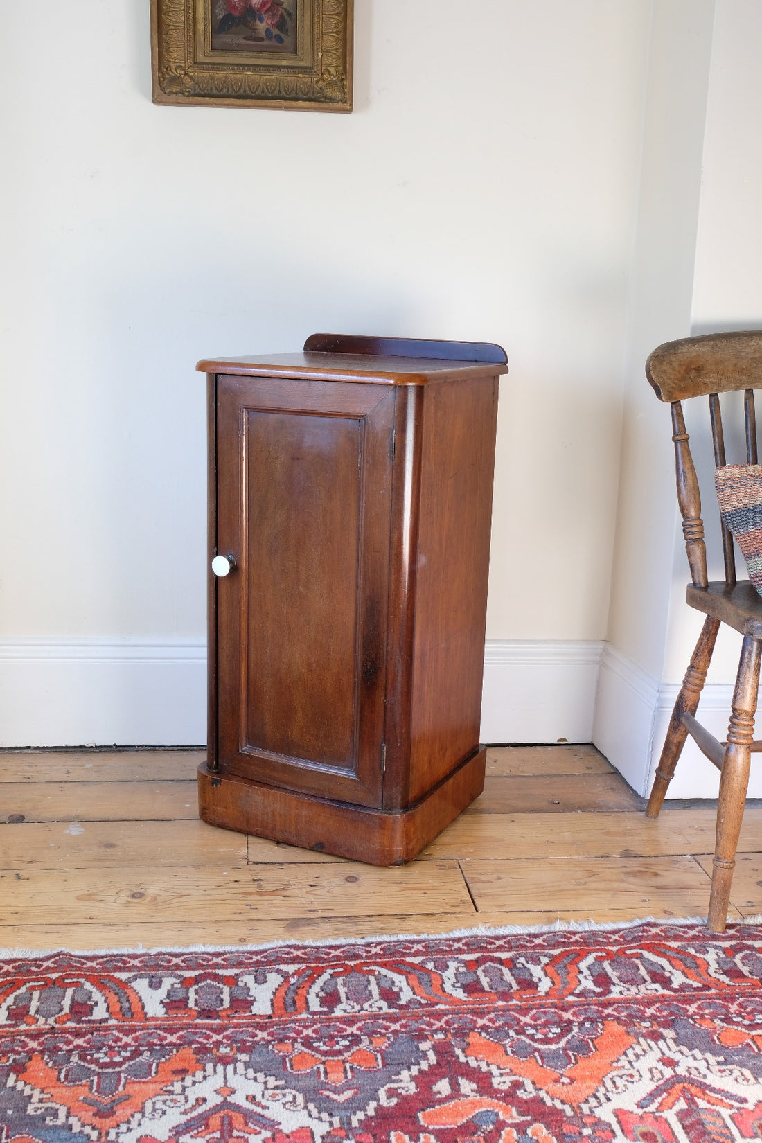 angled front view - 19th Century Mahogany Bedside Cupboard with Single Door & Curved Corners