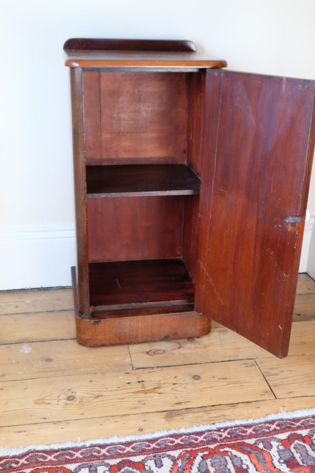 Inside - 19th Century Mahogany Bedside night stand Cupboard with Single Door & Curved Corners
