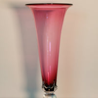 Signed Cranberry Glass Flower Vase Hand Blown With Tear Drop Detailing