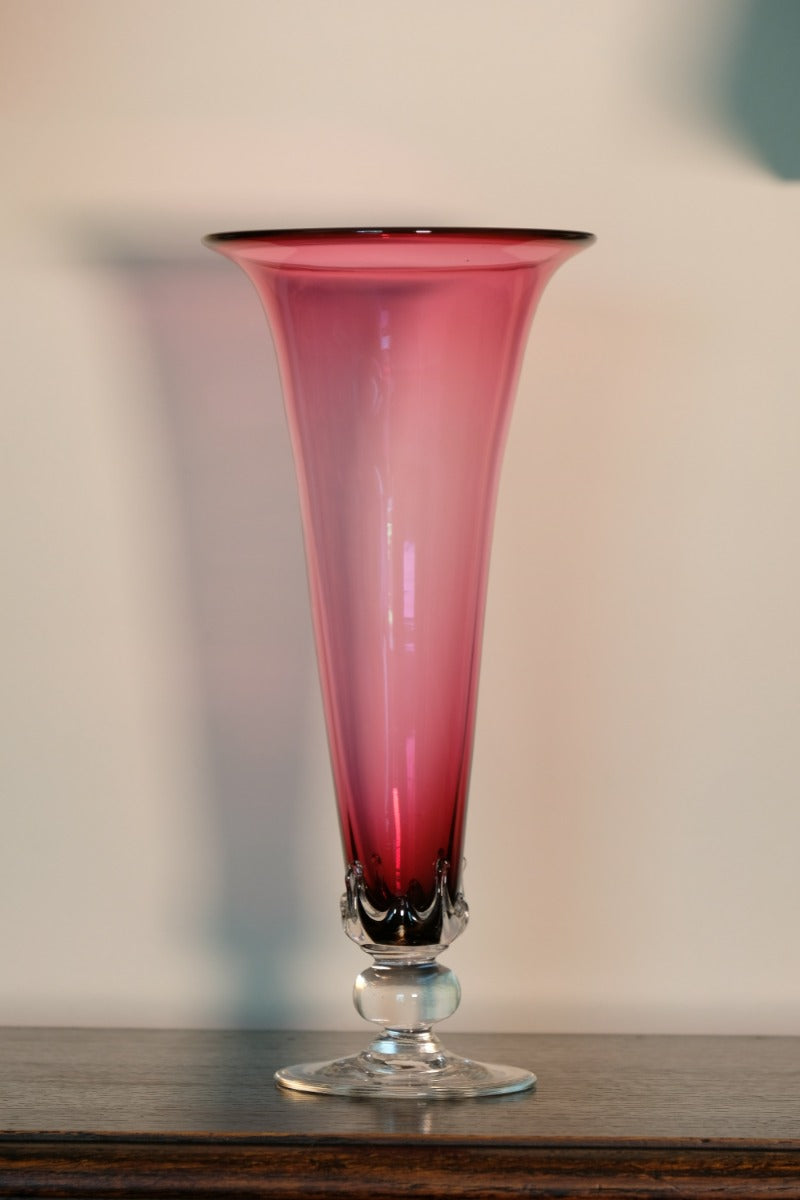 Signed Cranberry Glass Flower Vase Hand Blown With Tear Drop Detailing