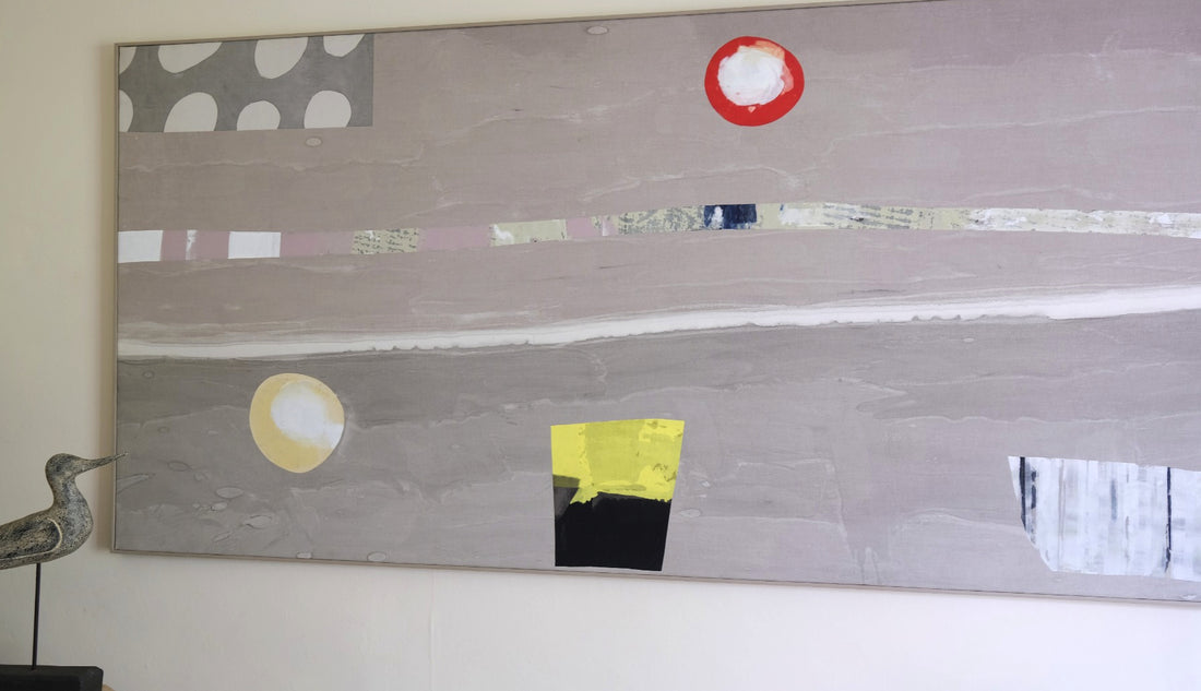 Detail view large abstract oil painting minimal geometric shapes