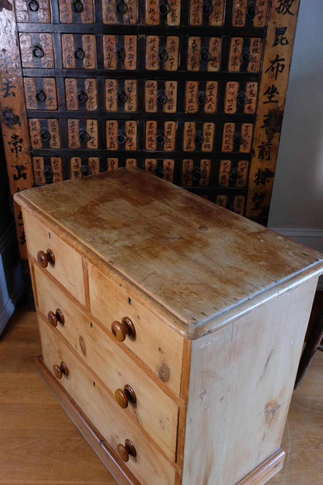 top of a close pp of view on a Victorian Pine Chest of Drawers – Two Small Over Two Deep