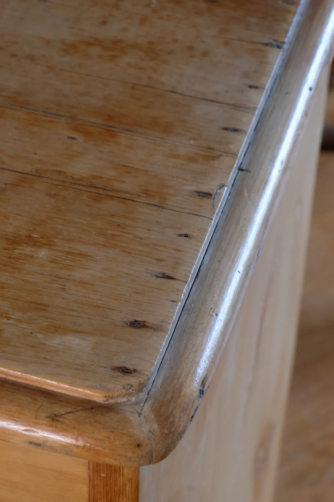 Worktop thumb nail edge detail and old nails - Victorian Pine Chest of Drawers – Two Small Over Two Deep