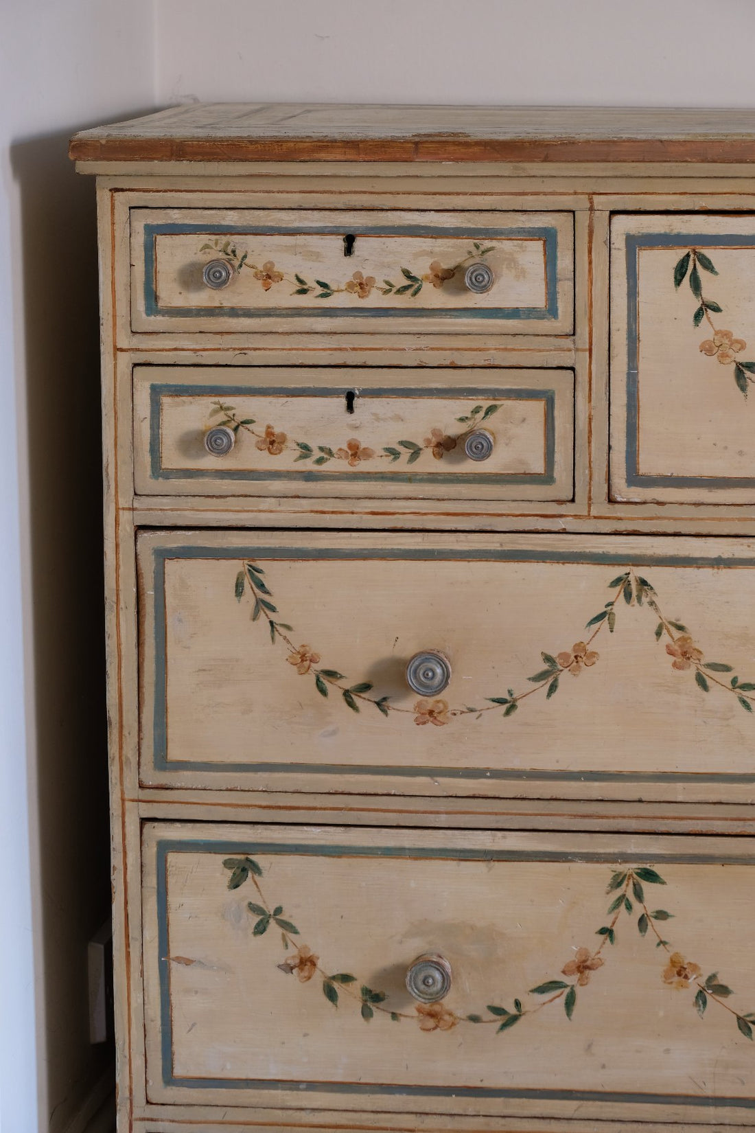close up of drawers - Antique French Painted Commode with Central Deep Drawer, Circa 1800