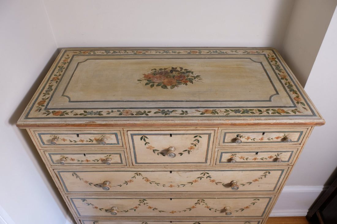 close up painted top  - Antique French Painted Commode with Central Deep Drawer, Circa 1800