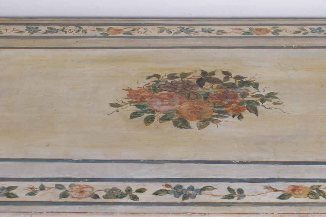 close up painted garland top  - Antique French Painted Commode with Central Deep Drawer, Circa 1800