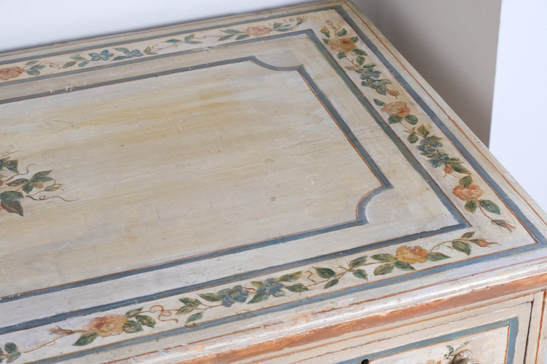 close up painted top  - Antique French Painted Commode with Central Deep Drawer, Circa 1800