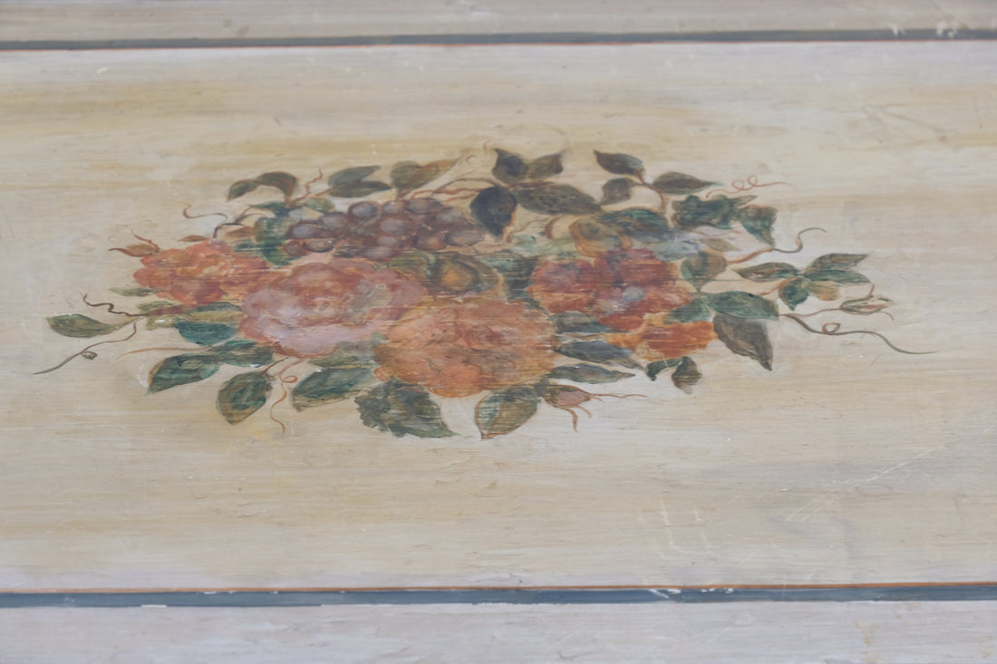 close up painted top  - Antique French Painted Commode with Central Deep Drawer, Circa 1800