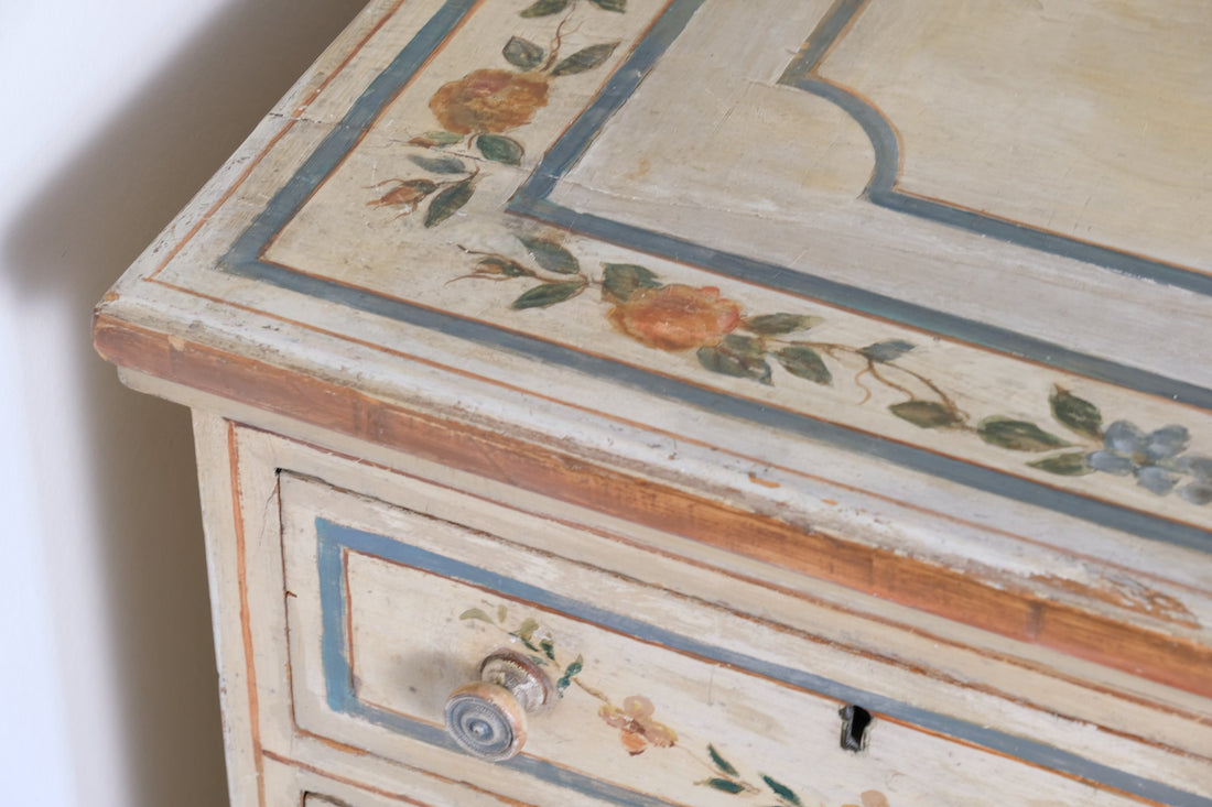 close up painted edge top - Antique French Painted Commode with Central Deep Drawer, Circa 1800