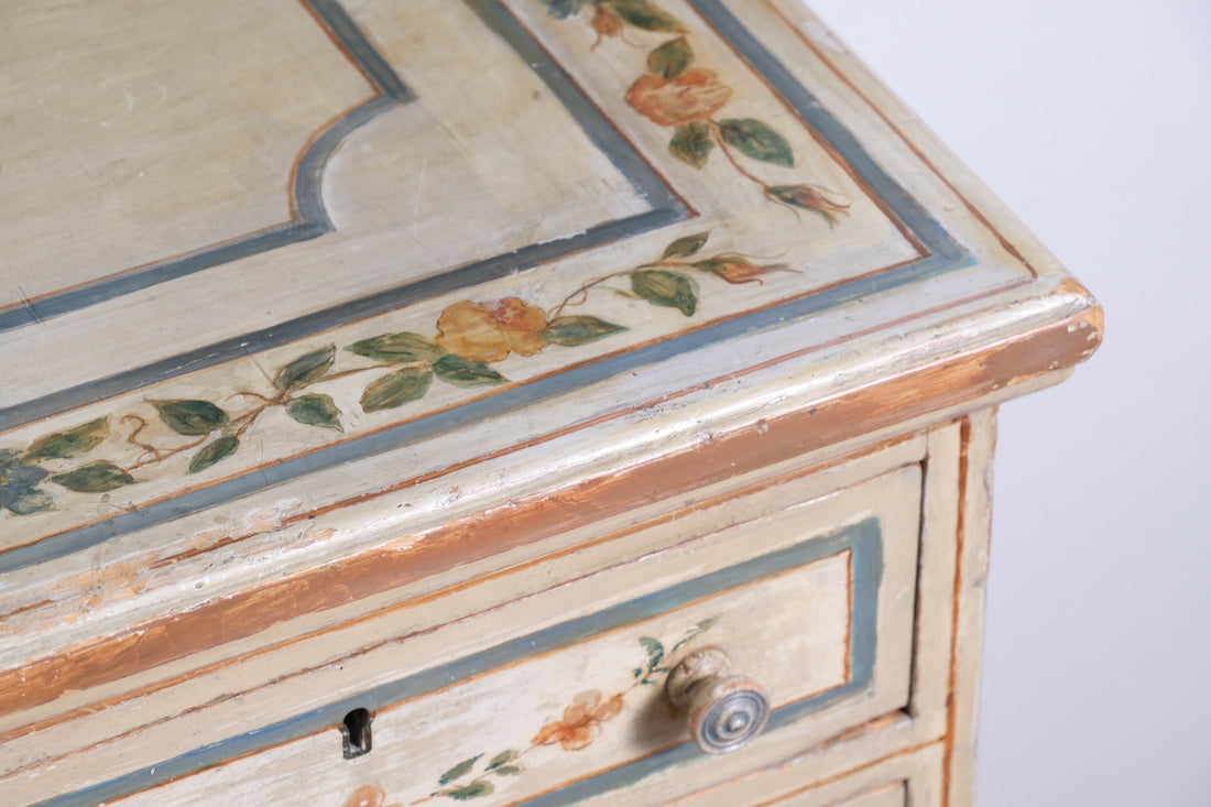 close up painted top corner - Antique French Painted Commode with Central Deep Drawer, Circa 1800