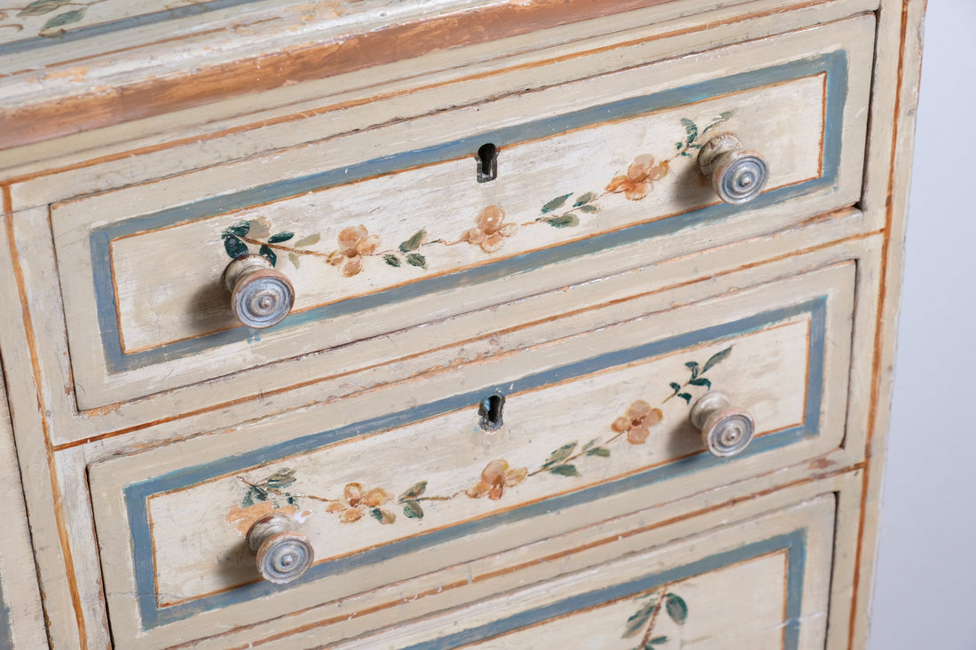 close up of hand painted drawers - Antique French Painted Commode with Central Deep Drawer, Circa 1800