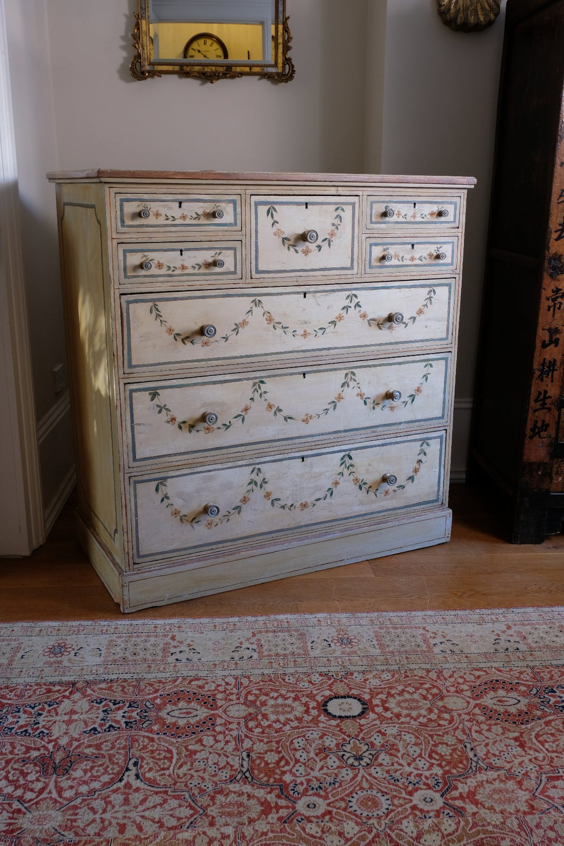 angled shot - Antique French Painted Commode with Central Deep Drawer, Circa 1800