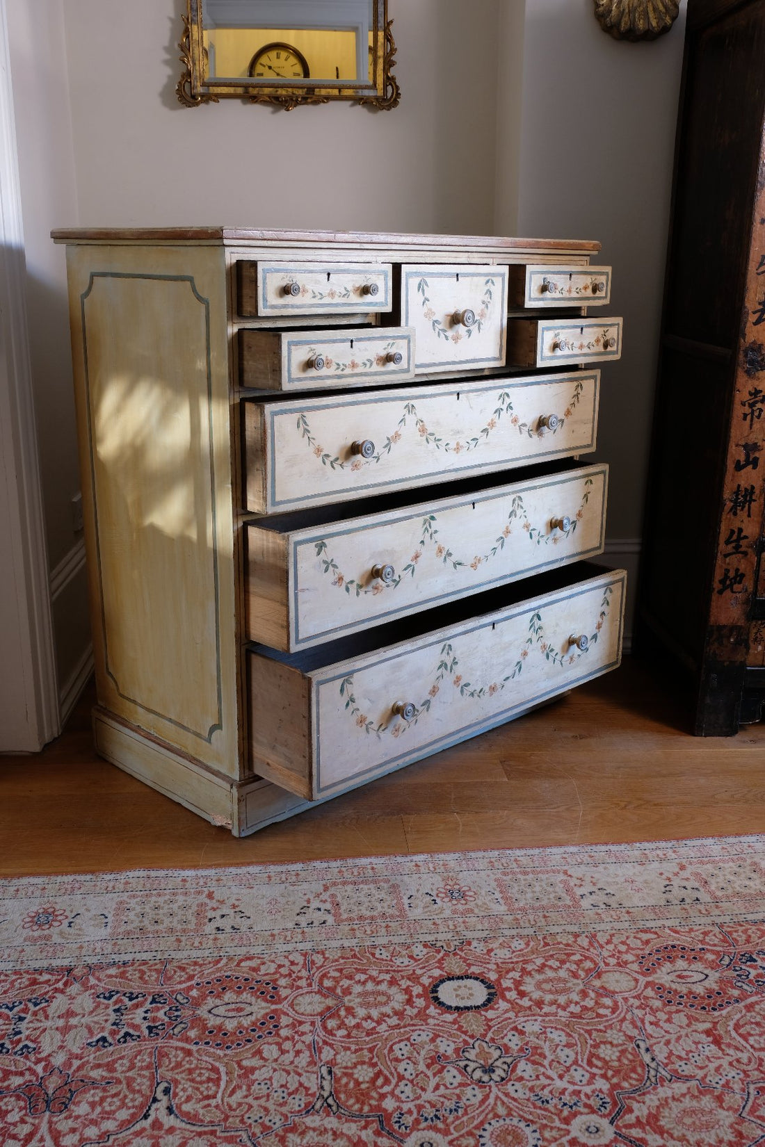 drawers open - Antique French Painted Commode with Central Deep Drawer, Circa 1800