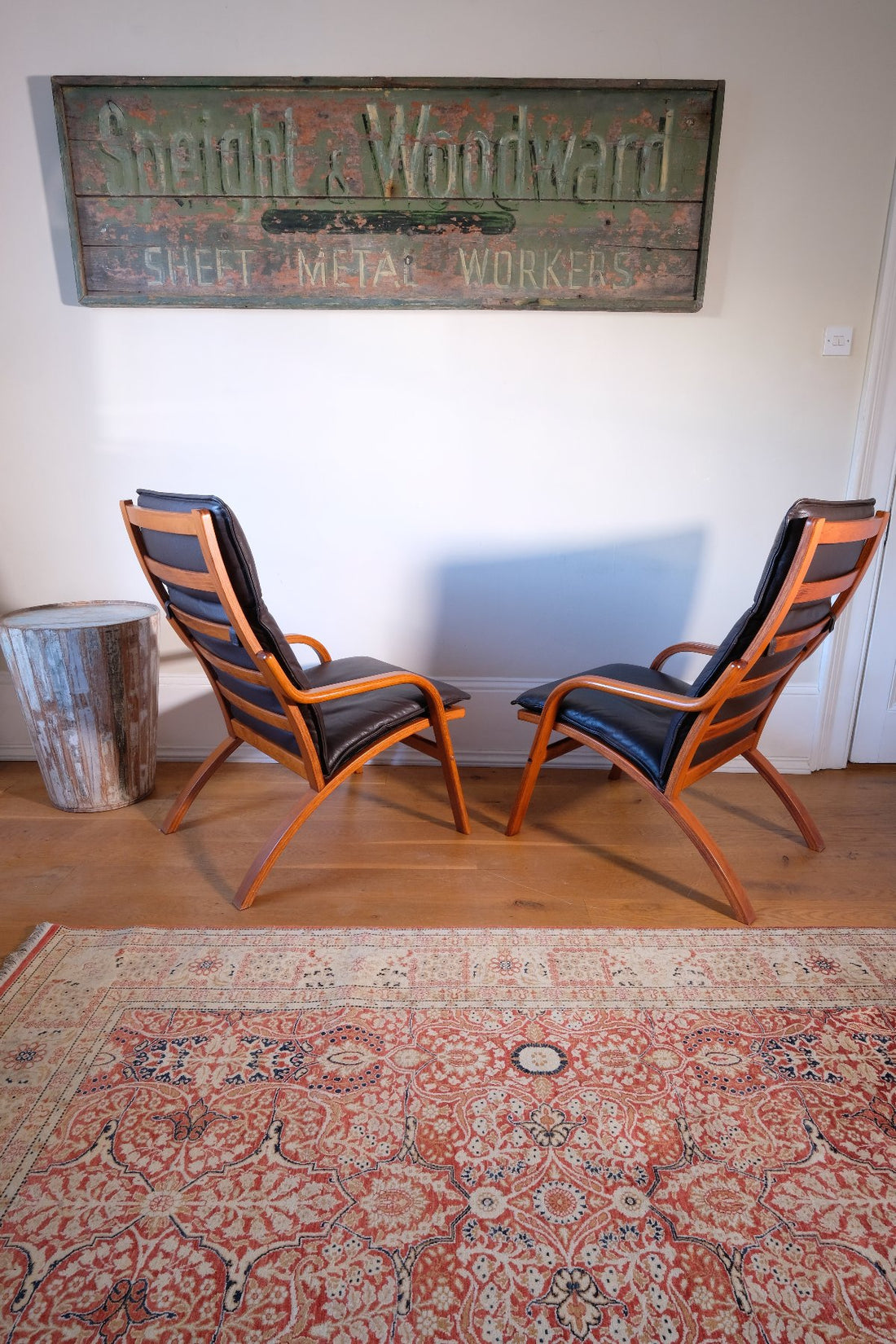 rear view or back view - Pair of 1970s Danish Stouby bentwood leather lounge chairs with sculptural oak frames