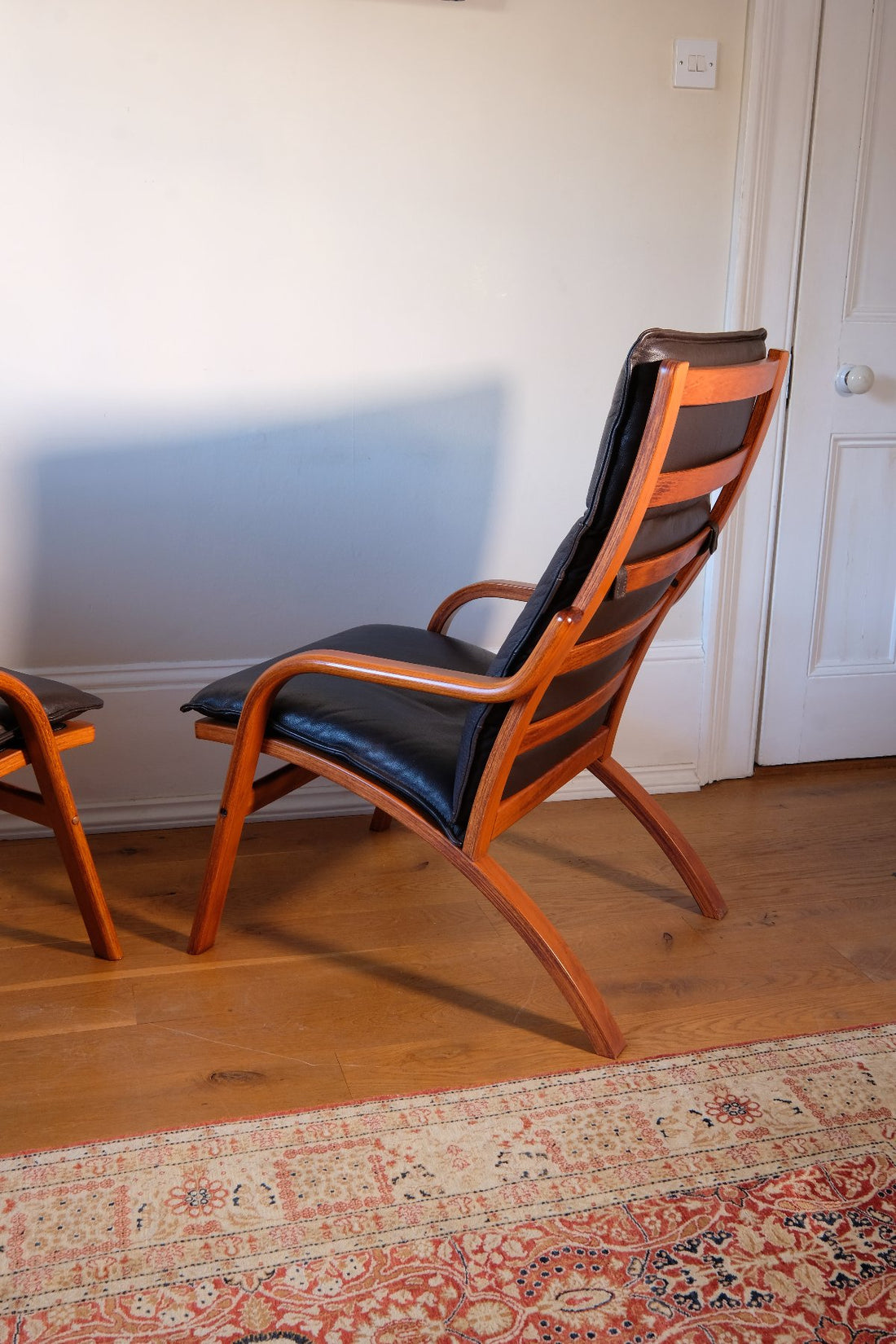 rear view -view - Pair of 1970s Danish Stouby bentwood leather lounge chairs with sculptural oak frame