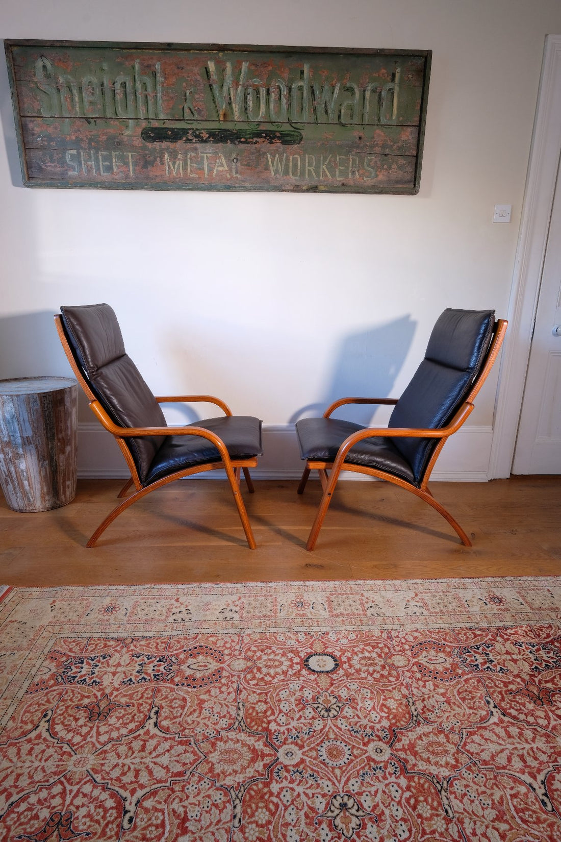 side view - Pair of 1970s Danish Stouby bentwood leather lounge chairs with sculptural oak frame