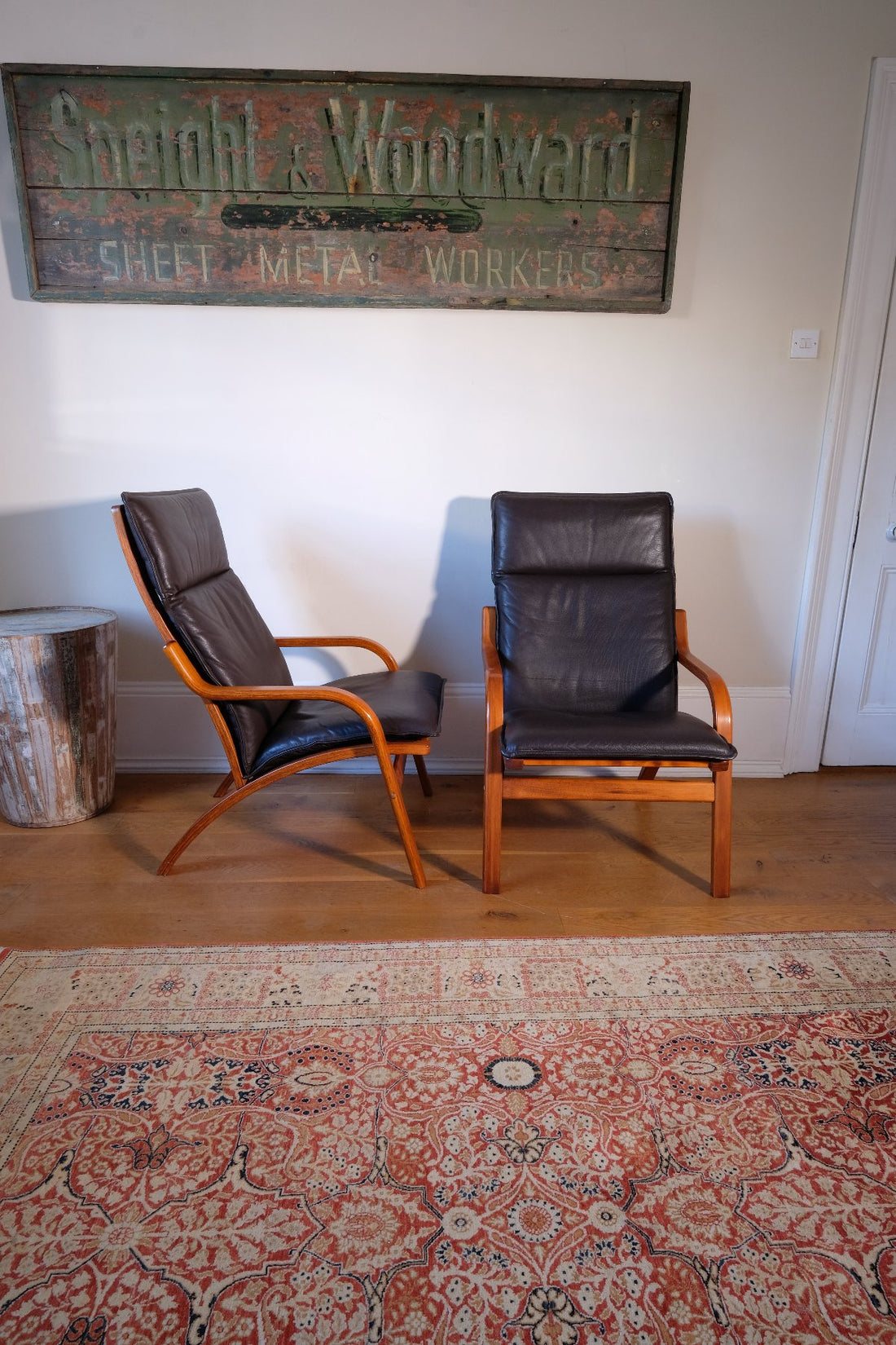 Pair of 1970s Danish Stouby bentwood leather lounge chairs with sculptural oak frame