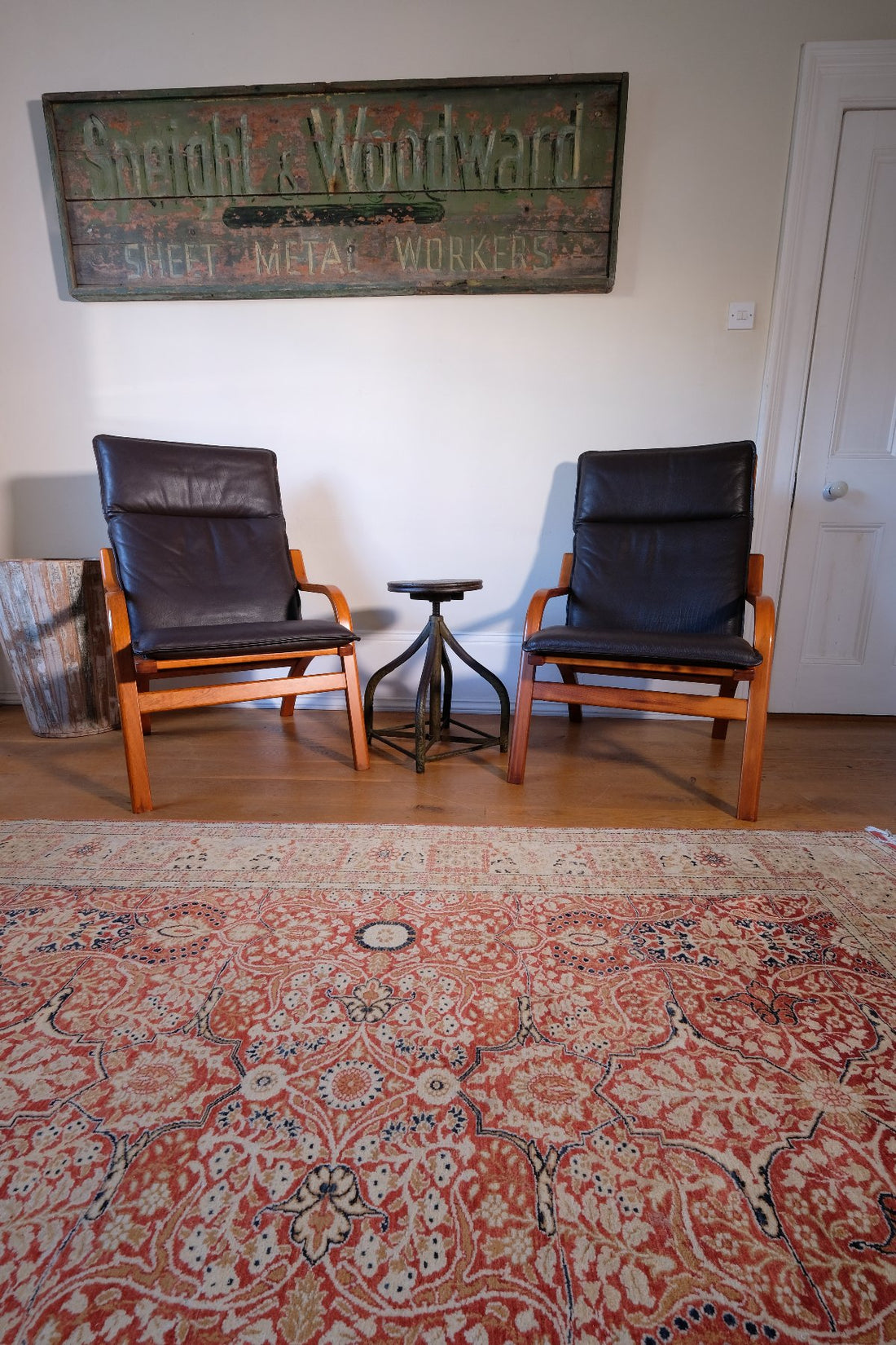 Pair of 1970s Danish Stouby bentwood leather lounge chairs with sculptural oak frame