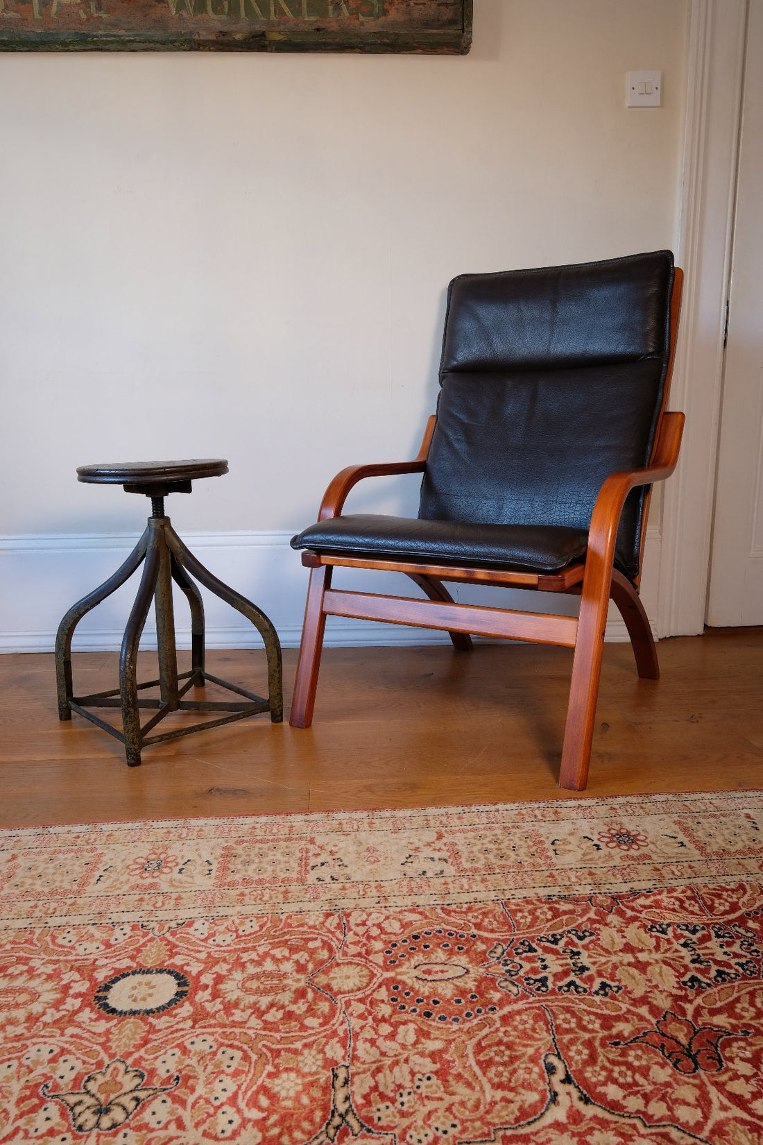 Pair of 1970s Danish Stouby bentwood leather lounge chairs with sculptural oak frame