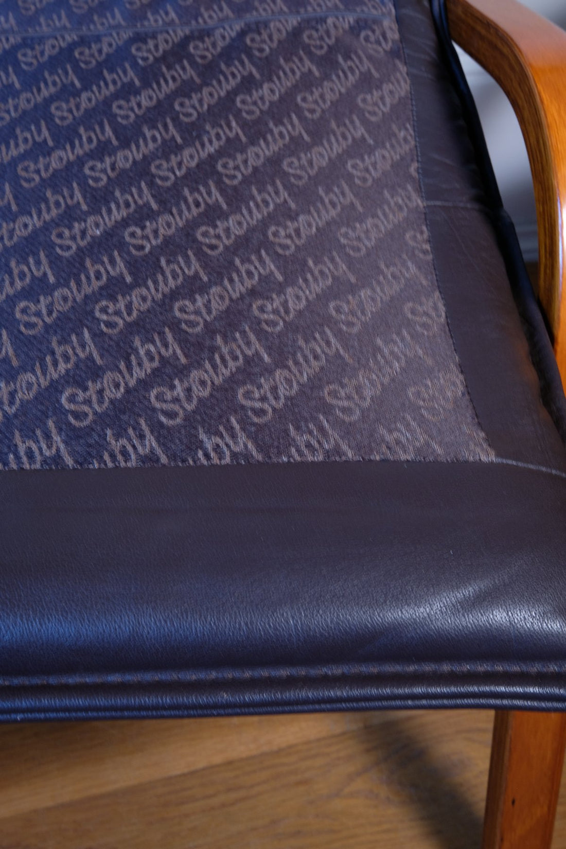 Branded cushion liner of a Cushion support of a Pair of 1970s Danish Stouby bentwood leather lounge chairs with sculptural oak frame