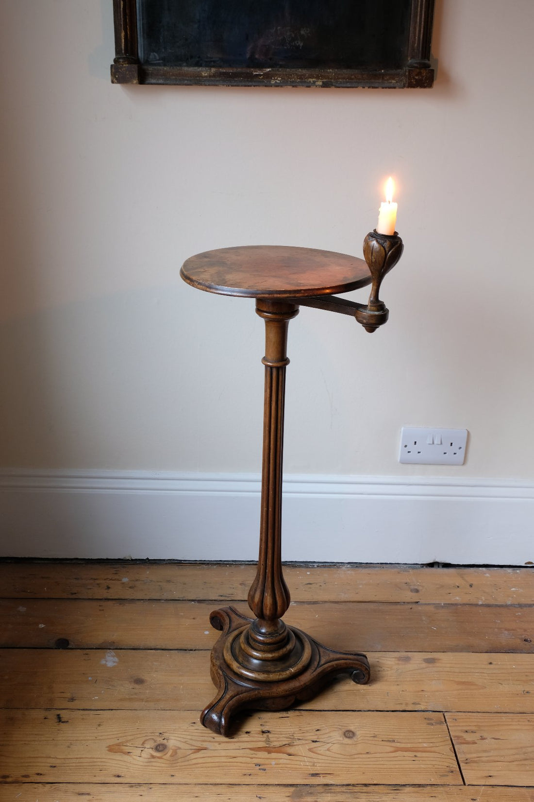 English Regency Burr Walnut Candlestand Table Circa 1815–1825 with Tripod Weighted Base