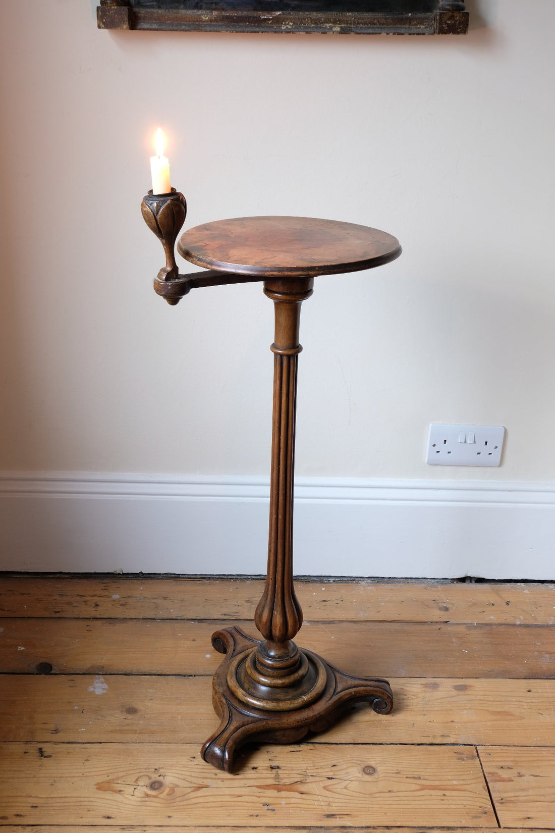 English Regency solid walnut candlestand table with burr walnut top and tulip-shaped sconce