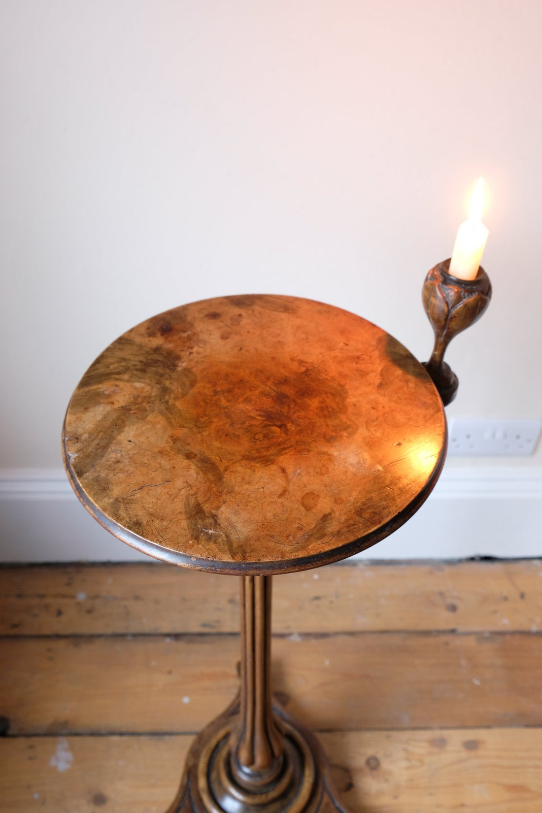 English Regency solid walnut candlestand table with burr walnut top and tulip-shaped sconce