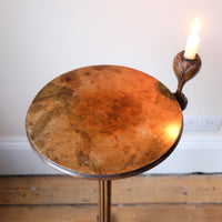 English Regency solid walnut candlestand table with burr walnut top and tulip-shaped sconce