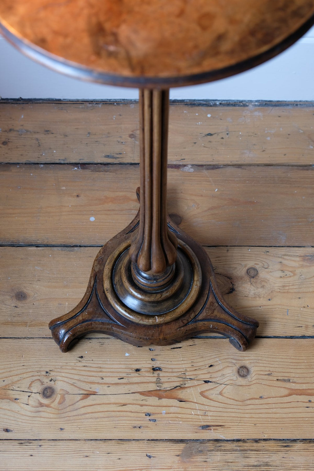 English Regency solid walnut candlestand table with burr walnut top and tulip-shaped sconce