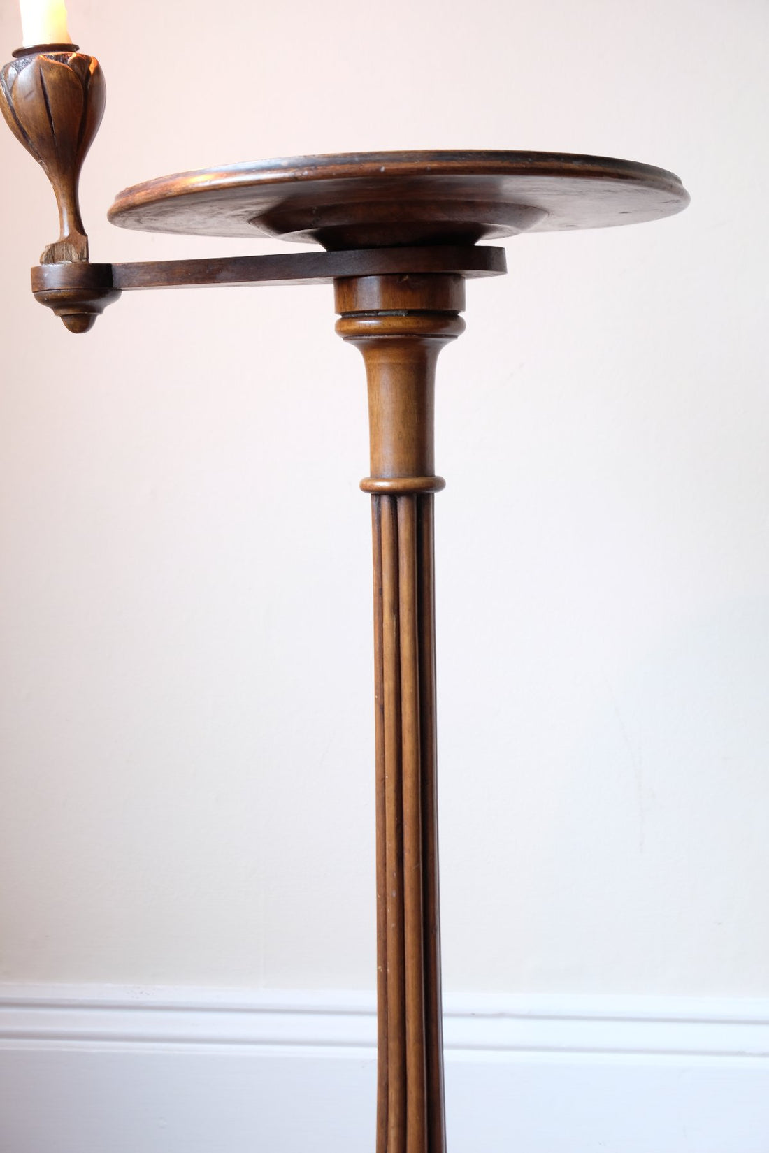 English Regency solid walnut candlestand table with burr walnut top and tulip-shaped sconce