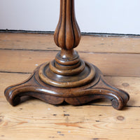 English Regency solid walnut candlestand table with burr walnut top and tulip-shaped sconce