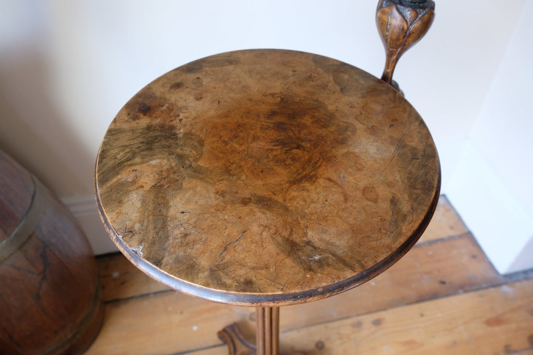 English Regency solid walnut candlestand table with burr walnut top and tulip-shaped sconce