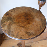 English Regency solid walnut candlestand table with burr walnut top and tulip-shaped sconce