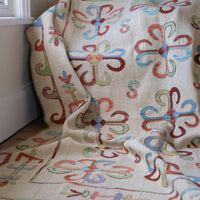 Vintage Uzbek Suzani kilim rug with embroidered floral medallions and vine scroll border, 173 x 230cm