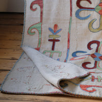 Vintage Uzbek Suzani kilim rug with embroidered floral medallions and vine scroll border, 173 x 230cm