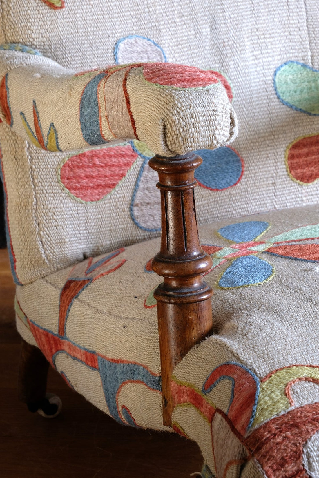 close up of the arm on an Afghan Suzani Kilim Upholstered 19th Century Country House Armchair