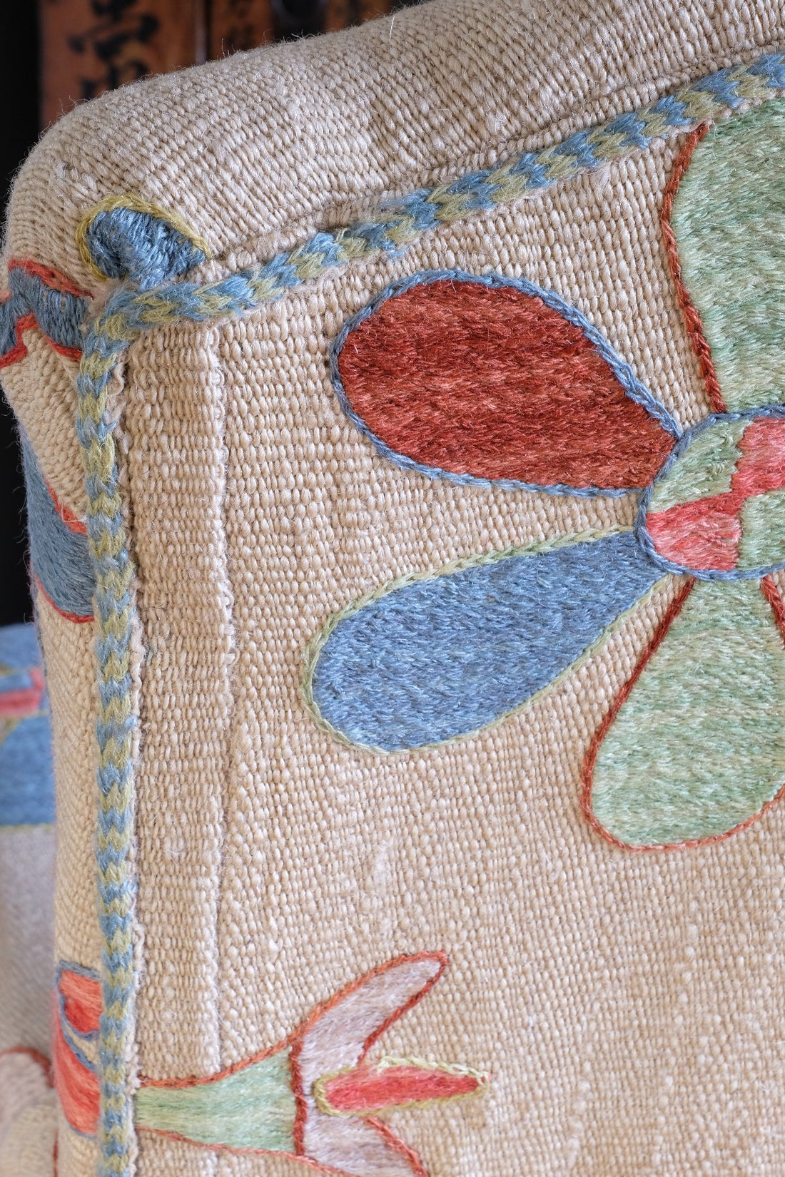Close up of chain stitching and piping on a Afghan Suzani Kilim Upholstered 19th Century Country House Armchair