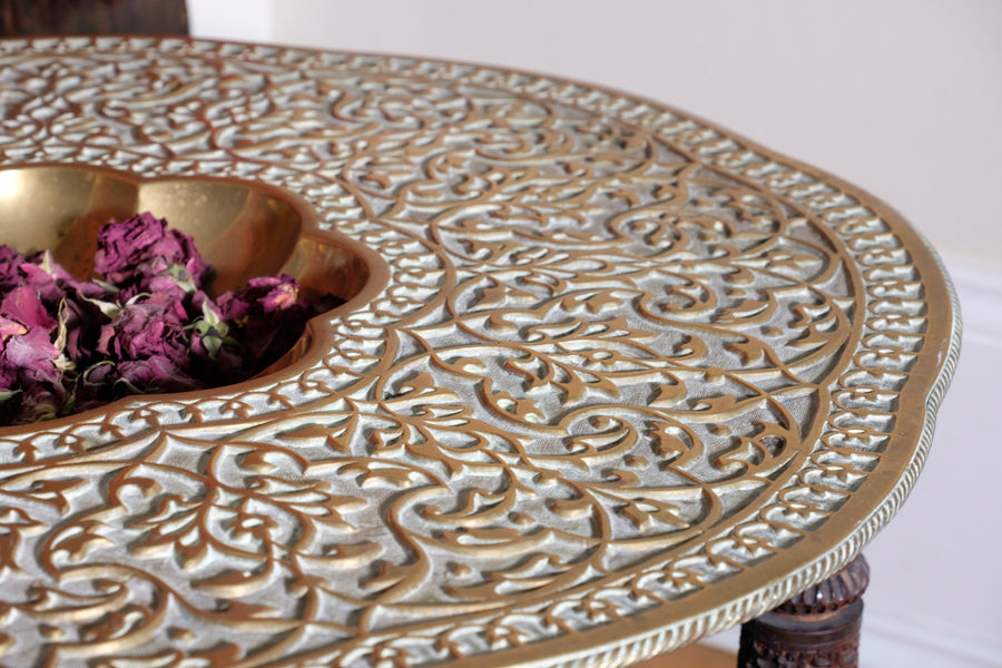 Anglo Indian Intricately Carved Table With A Decorative Brass Top