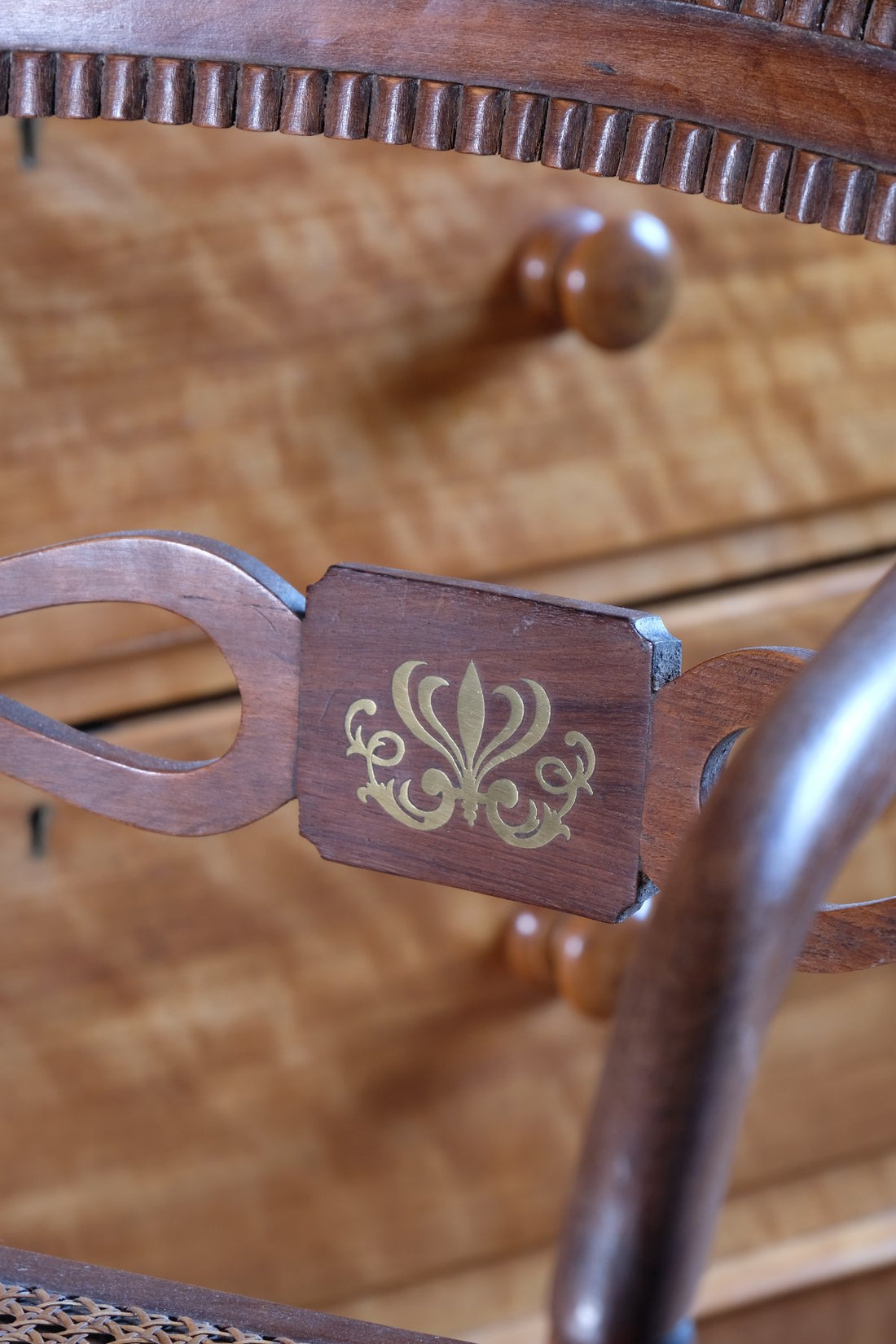 Pair of Regency mahogany armchairs with brass inlay and cane seats, circa 1810