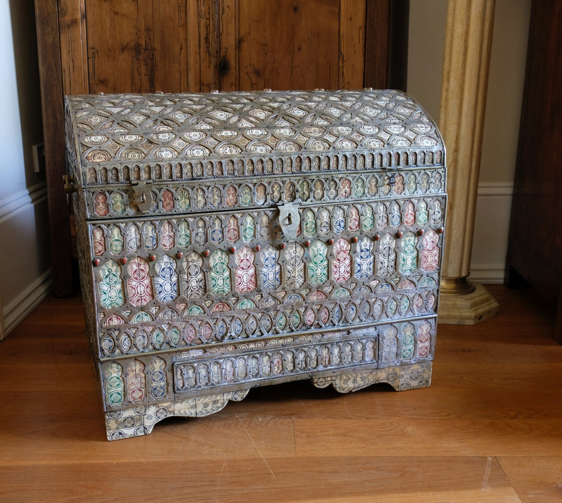 Ornate Marriage Chest Adorned with Moorish Inlay & Jeweled Accents