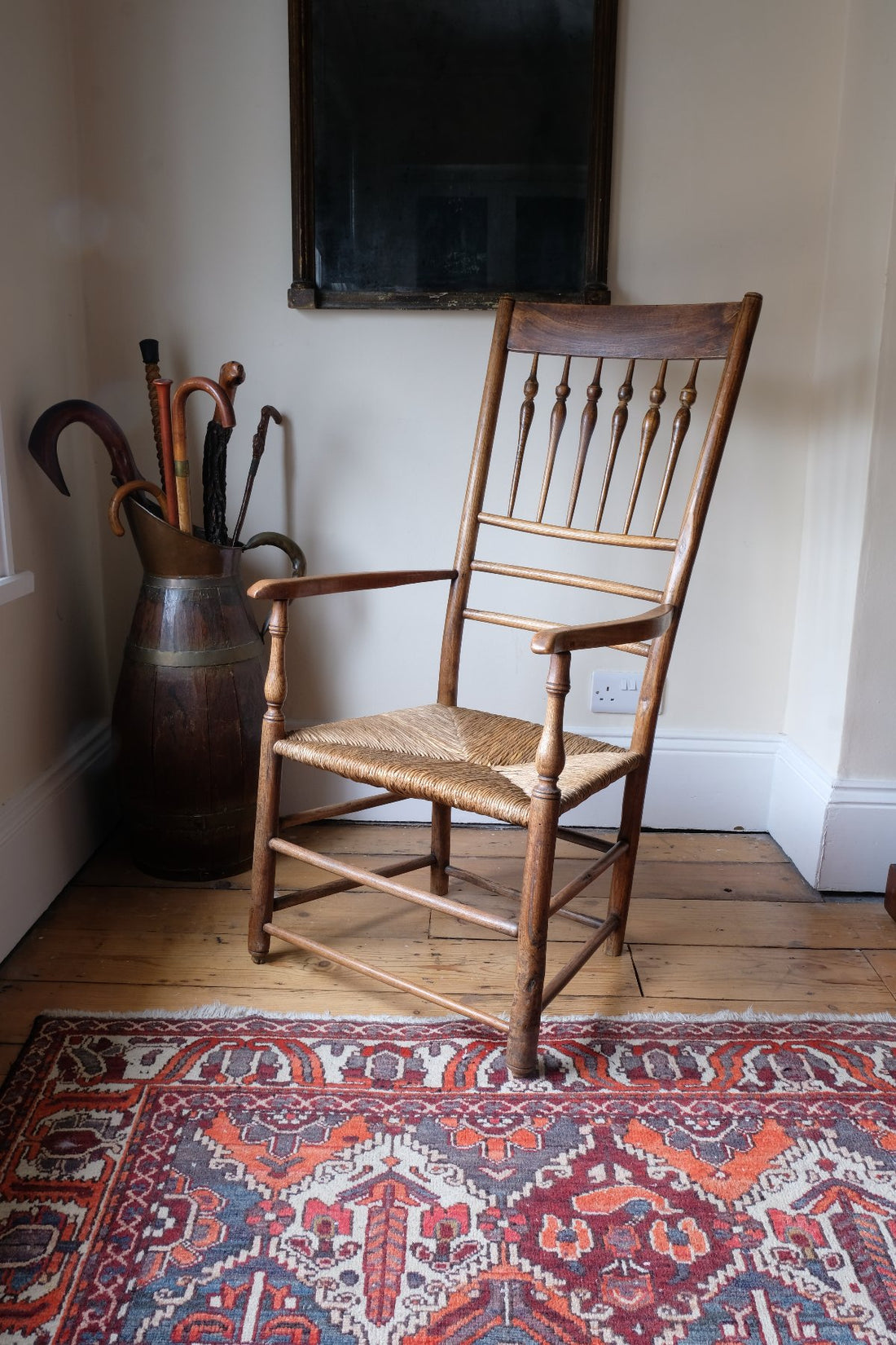 Philip Clissett Arts & Crafts Ash Rush Seat Spindle Back Armchair Circa 1890