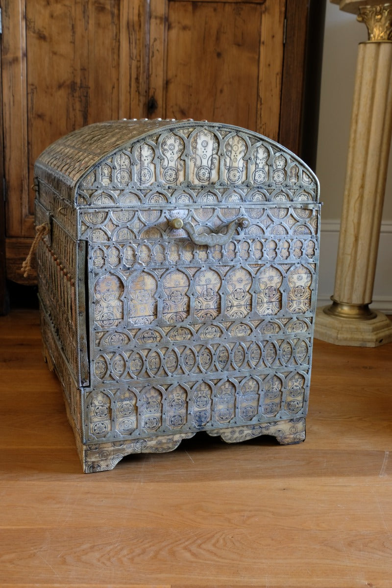 Ornate Marriage Chest Adorned with Moorish Inlay & Jeweled Accents