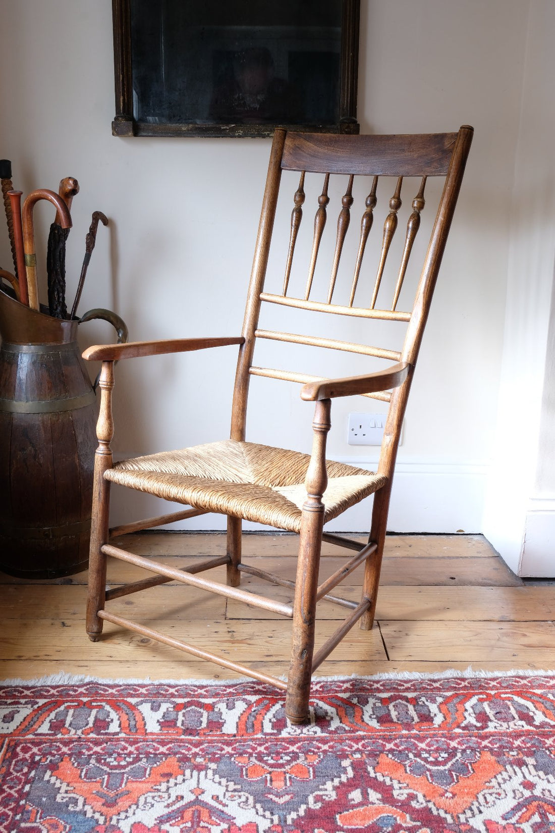 Philip Clissett Arts & Crafts Ash Rush Seat Spindle Back Armchair Circa 1890