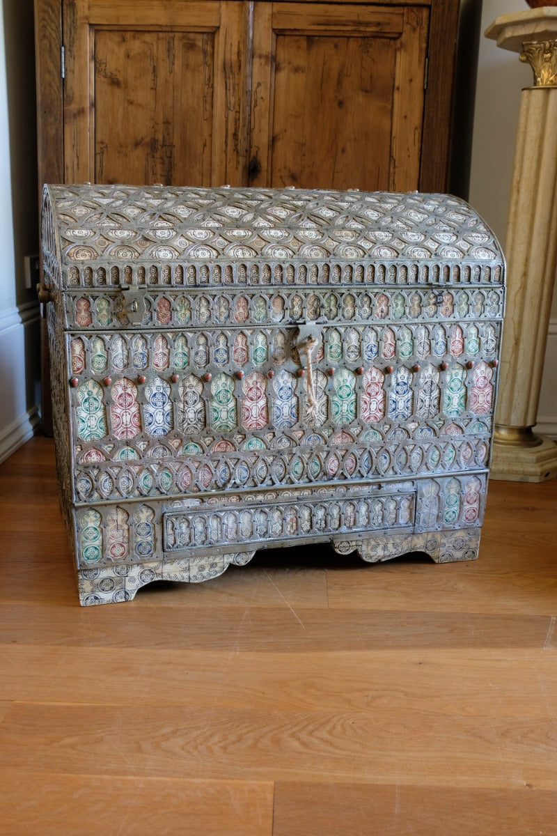 Ornate Marriage Chest Adorned with Moorish Inlay & Jeweled Accents